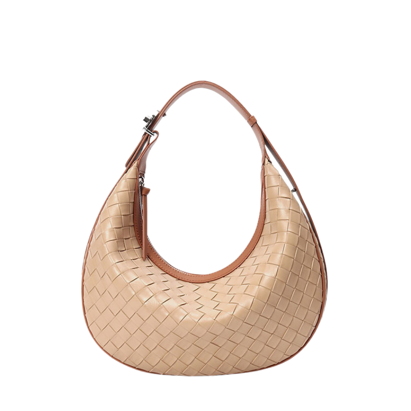 Women’s Woven Genuine Leather Zipper Crossbody Baguette Bag in milk apricot
 color from the front