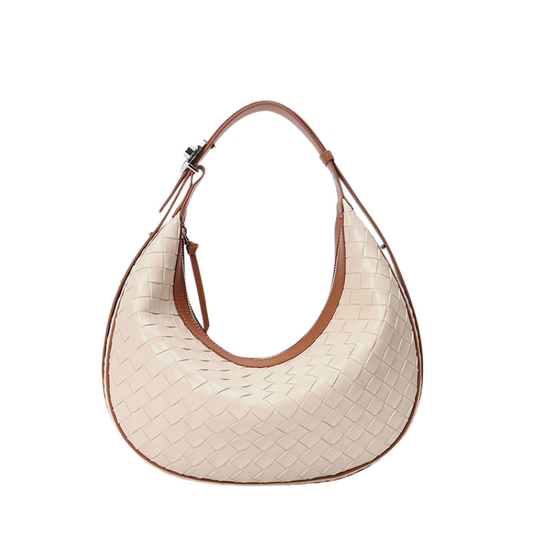 Women’s Woven Genuine Leather Zipper Crossbody Baguette Bag in milk white color from the front