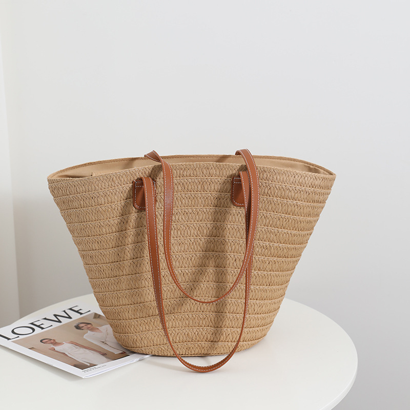Women’s Woven Straw Beach Tote Bag with Large Capacity in dark sand color from the front