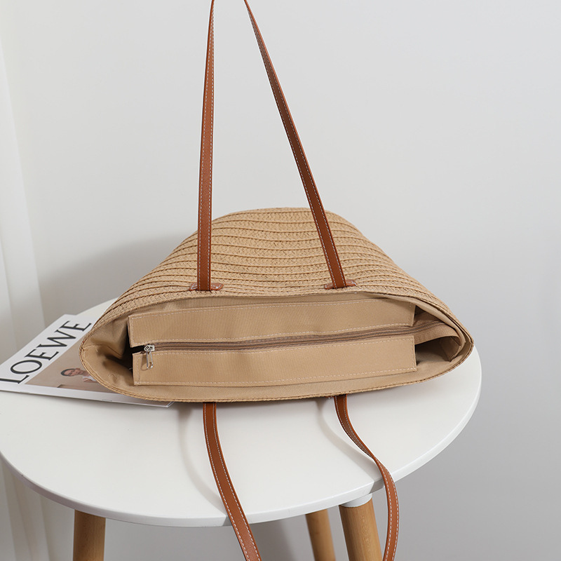 Women’s Woven Straw Beach Tote Bag with Large Capacity in dark sand color  lifestyle showing inside the bag