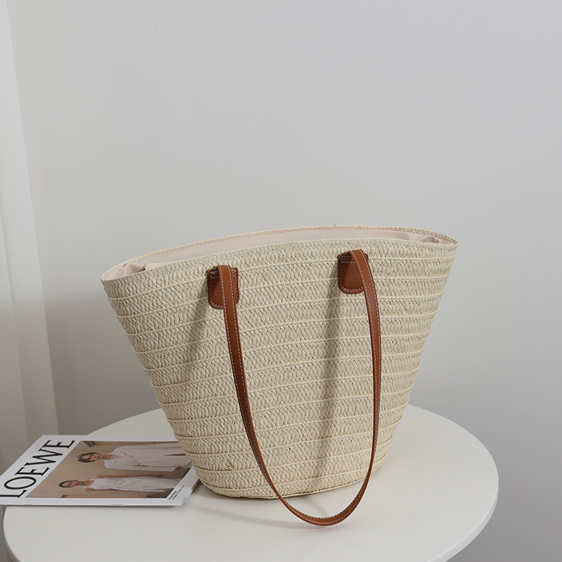 Women’s Woven Straw Beach Tote Bag with Large Capacity in sandrift color from the front