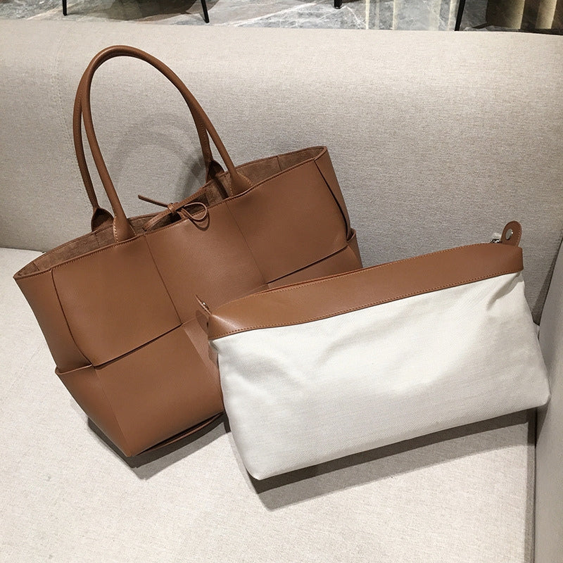 Woven Large Genuine Leather Tote Bag 35CM in camel color lifestyle 