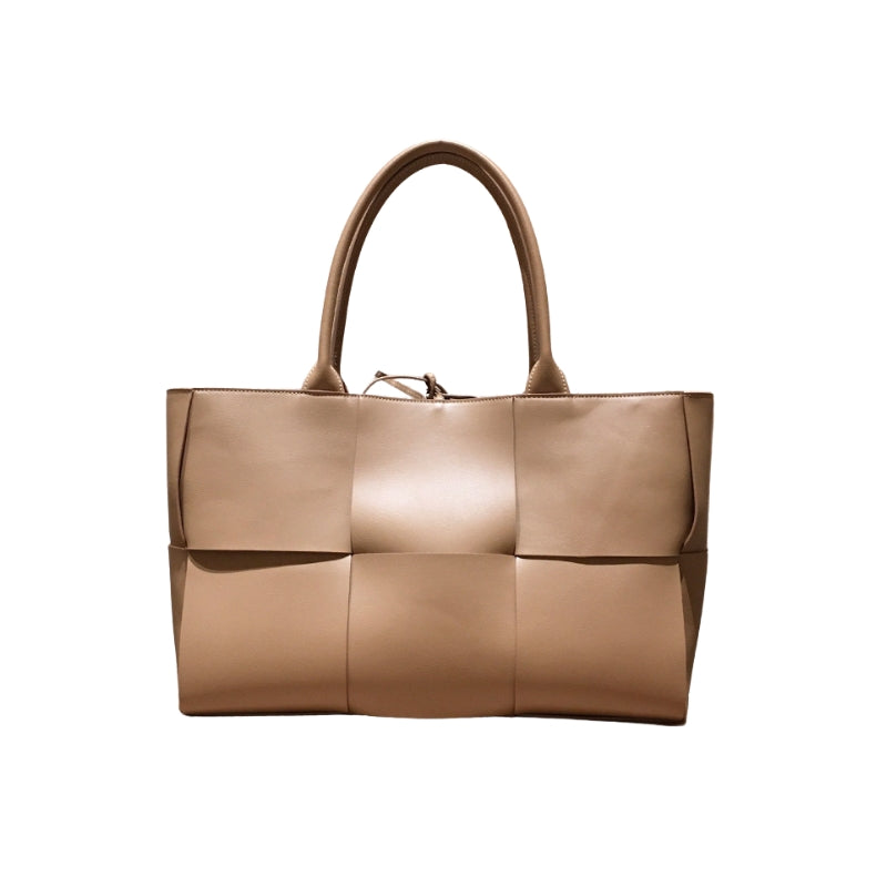 Woven Large Genuine Leather Tote Bag 35CM in taupe color 