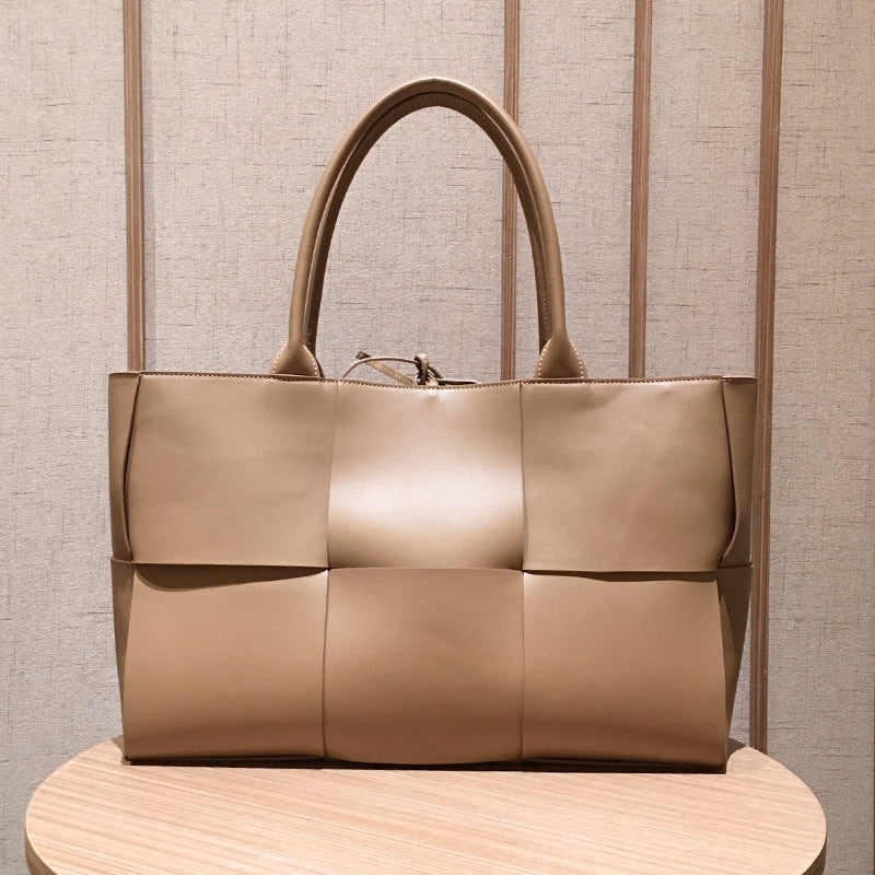 Woven Large Genuine Leather Tote Bag 35CM in taupe color lifestyle 