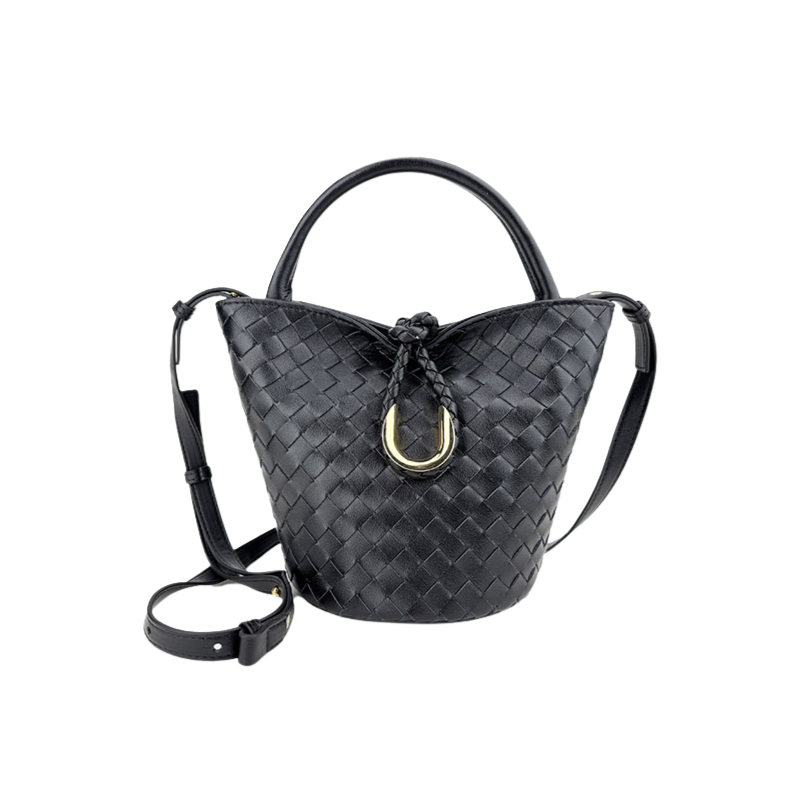 Woven leather bucket bag in black — front view