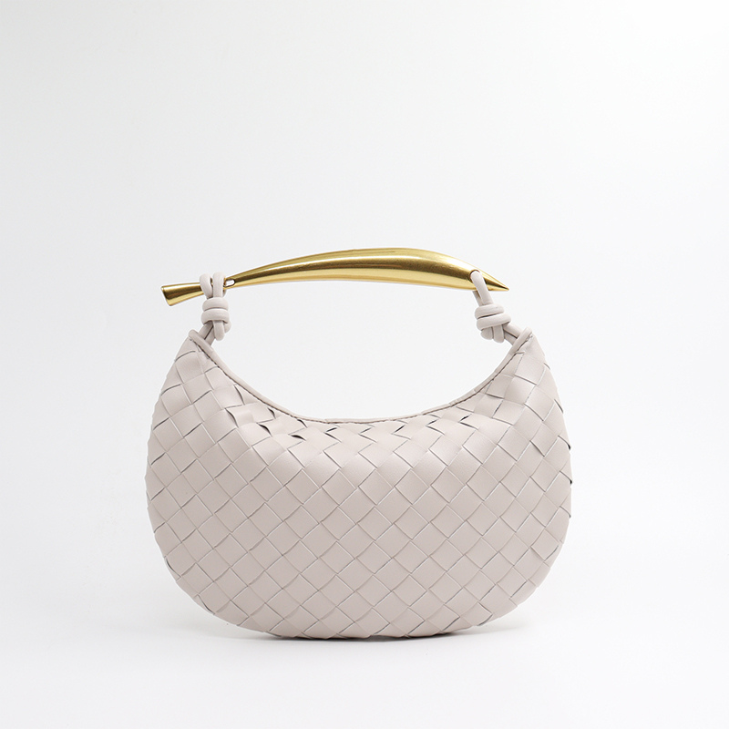 Woven leather half-moon bag in beige with gold curved handle