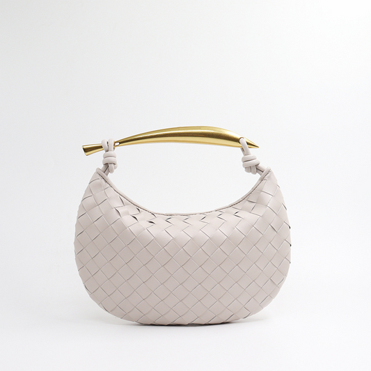 Woven leather half-moon bag in beige with gold curved handle