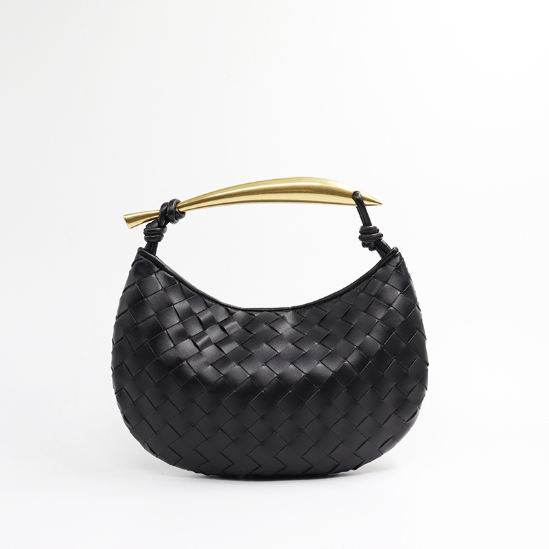 Woven leather half-moon bag in black with gold curved handle