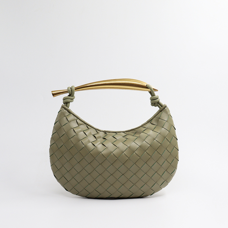 Woven leather half-moon bag in olive green with gold handle