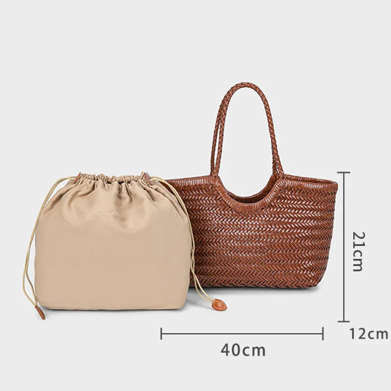 Woven leather tote bag dimensions and size guide