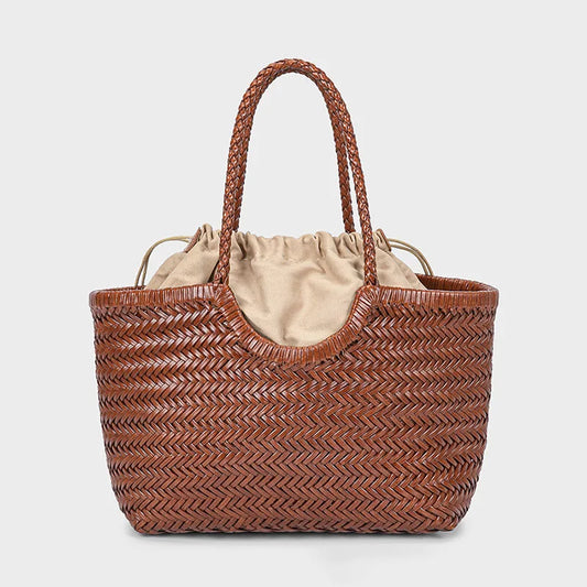 Woven leather tote bag with removable drawstring pouch