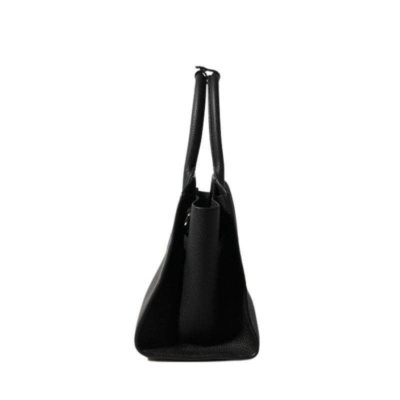 black leather handbag side profile top handle bag with zipper