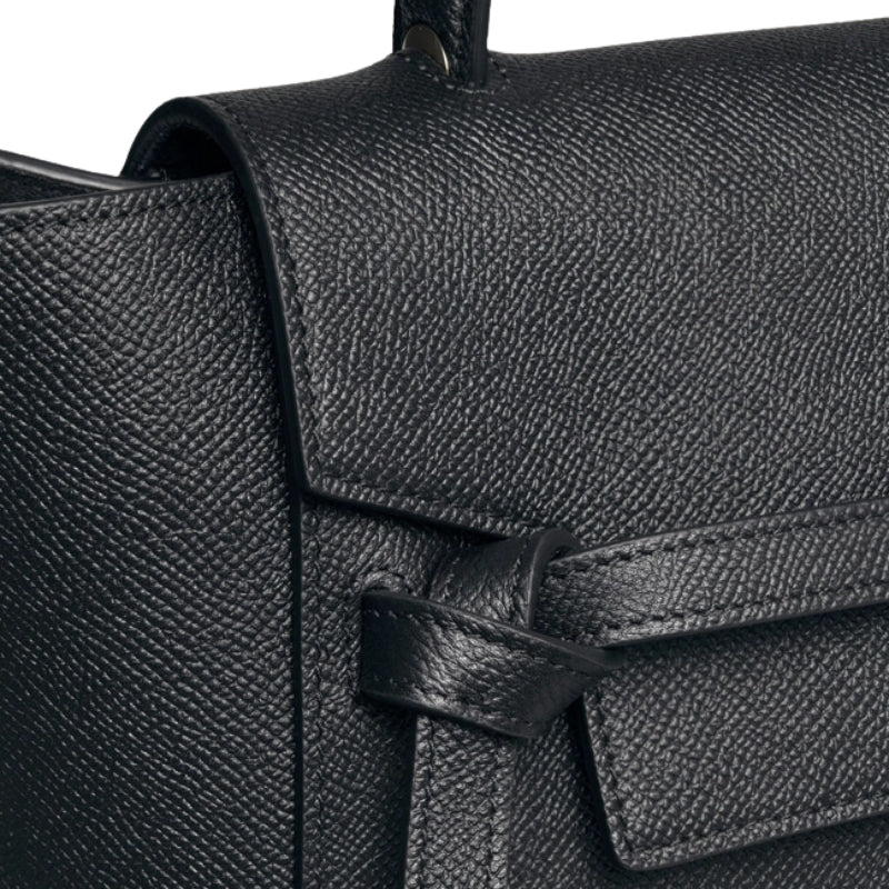 black leather satchel bag texture detail structured top handle stitching