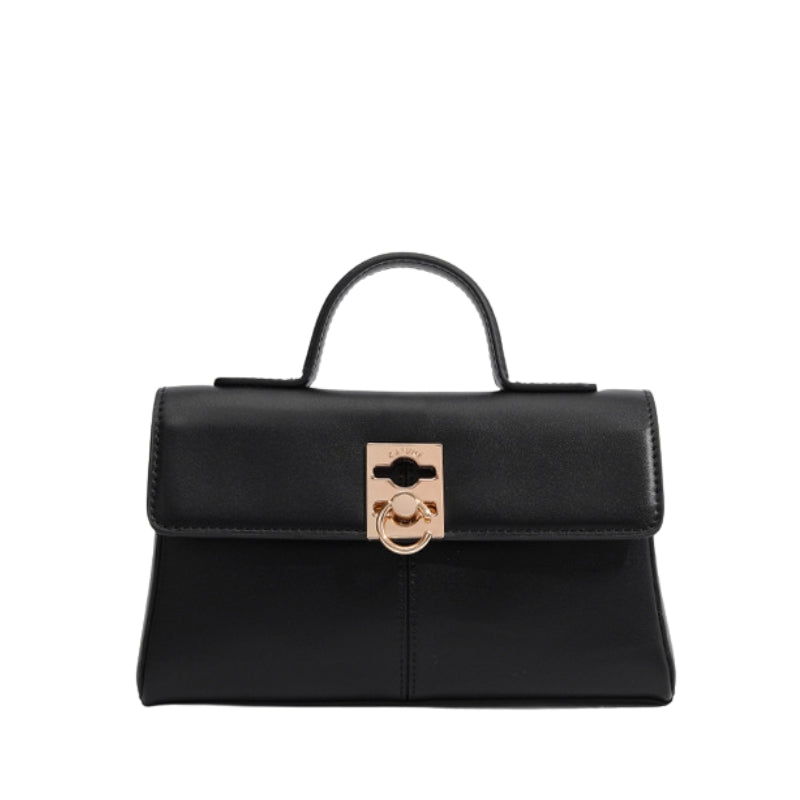 black leather top handle flap bag with structured shape and lock closure