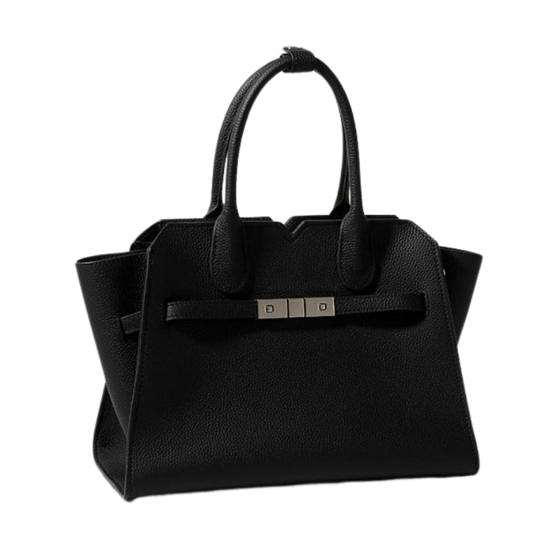 black leather top handle handbag with zipper and strap front angle