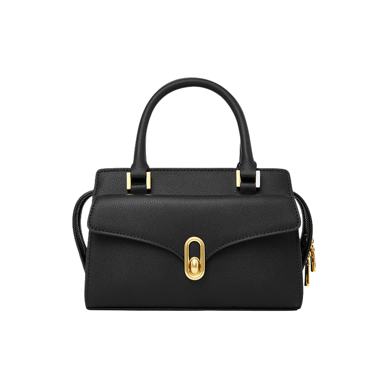 black lock buckle leather crossbody bag with top handle and gold lock closure