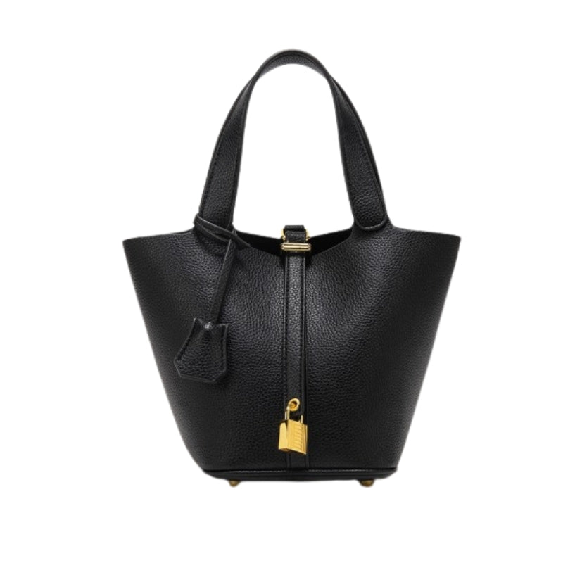 black mini bucket bag for women with top handle and lock buckle closure