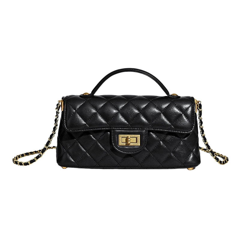 black quilted lambskin crossbody bag with chain strap and lock clasp detail