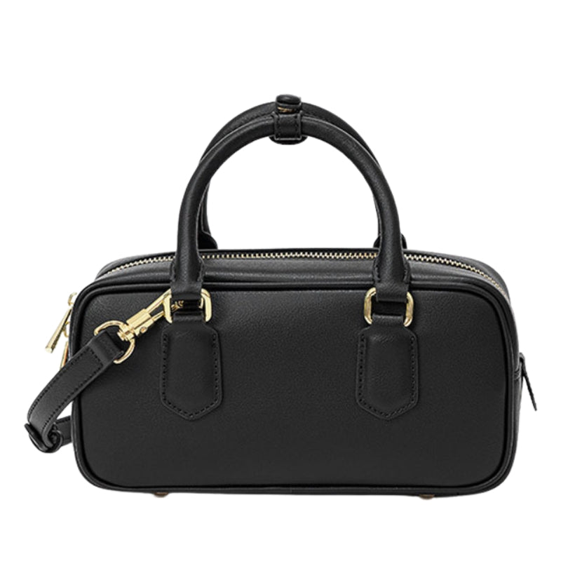 black small leather handbag with zipper minimalist structured everyday bag