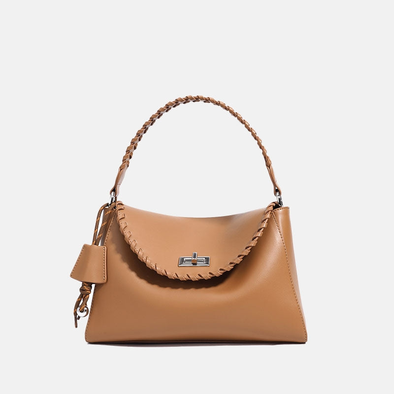 braided handle leather bag brown color structured handbag for women