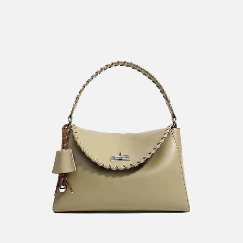 braided handle leather bag for women structured minimalist handbag front view