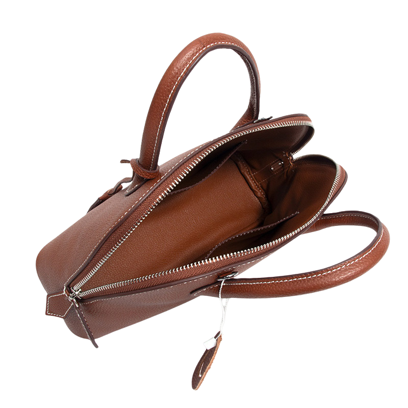 brown leather top handle bag open interior view