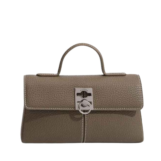 brown leather top handle flap bag with lock buckle closure front view