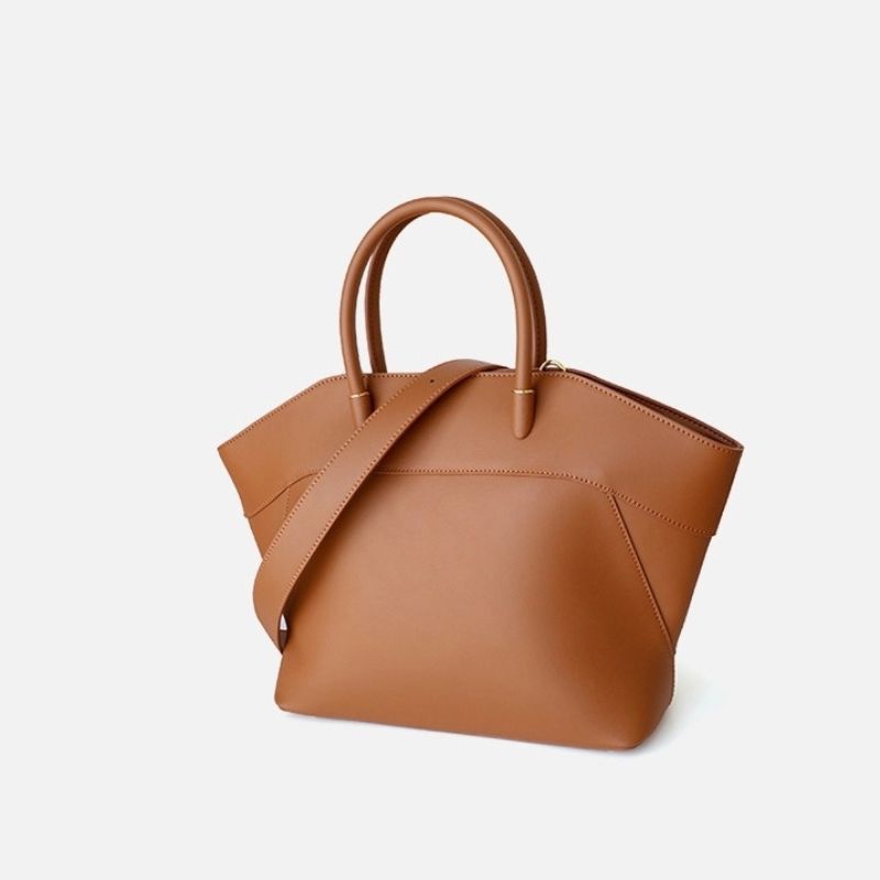 brown leather work tote top handle carry style close view