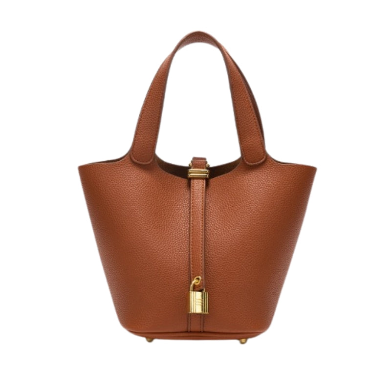 brown mini bucket bag with structured silhouette and lock detail