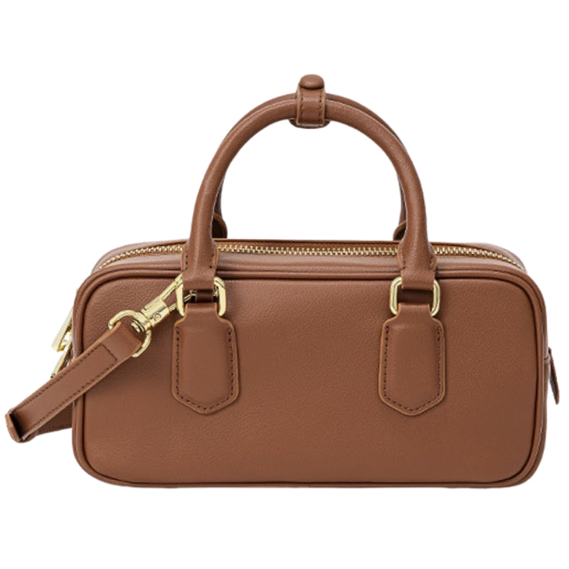 brown small leather handbag with zipper structured compact genuine leather bag