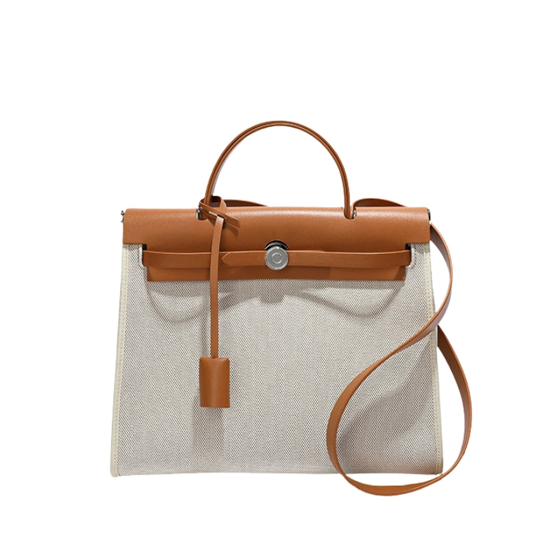 crossbody top handle bag canvas beige front view with lock buckle