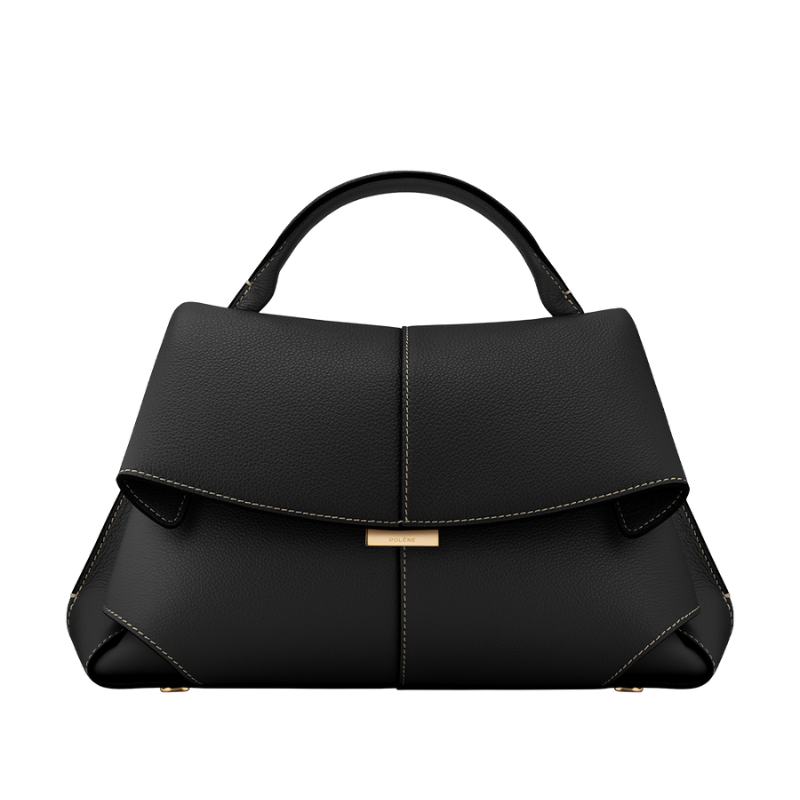 dark brown fold over leather bag structured leather design