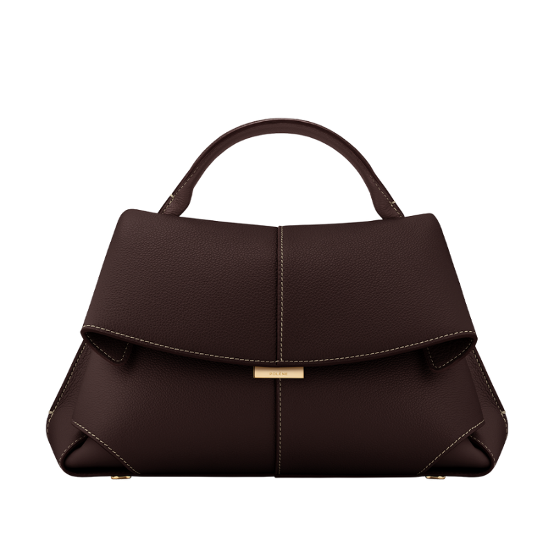 ebony fold over leather bag with top handle and gold clasp