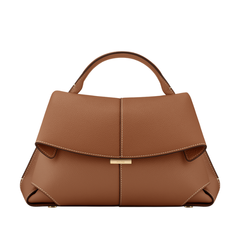 fold over leather bag with top handle front view in brown leather
