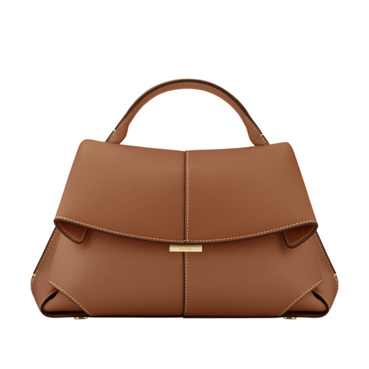 fold over leather bag with top handle front view in brown leather