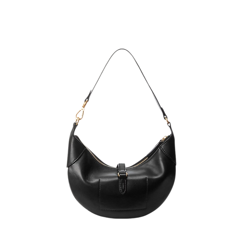 front view of black half moon shoulder bag with gold hardware