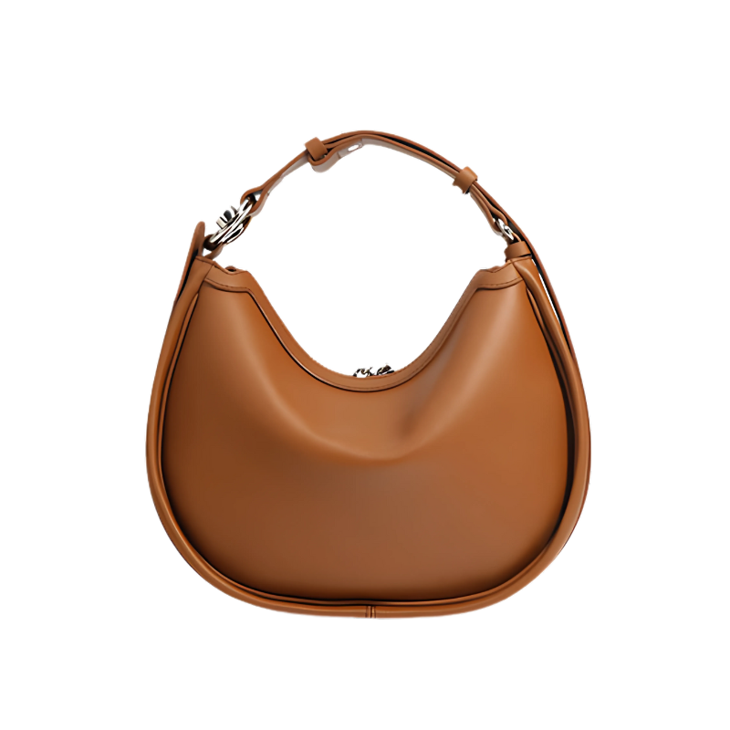 golden brown woven crescent bag with genuine leather trim