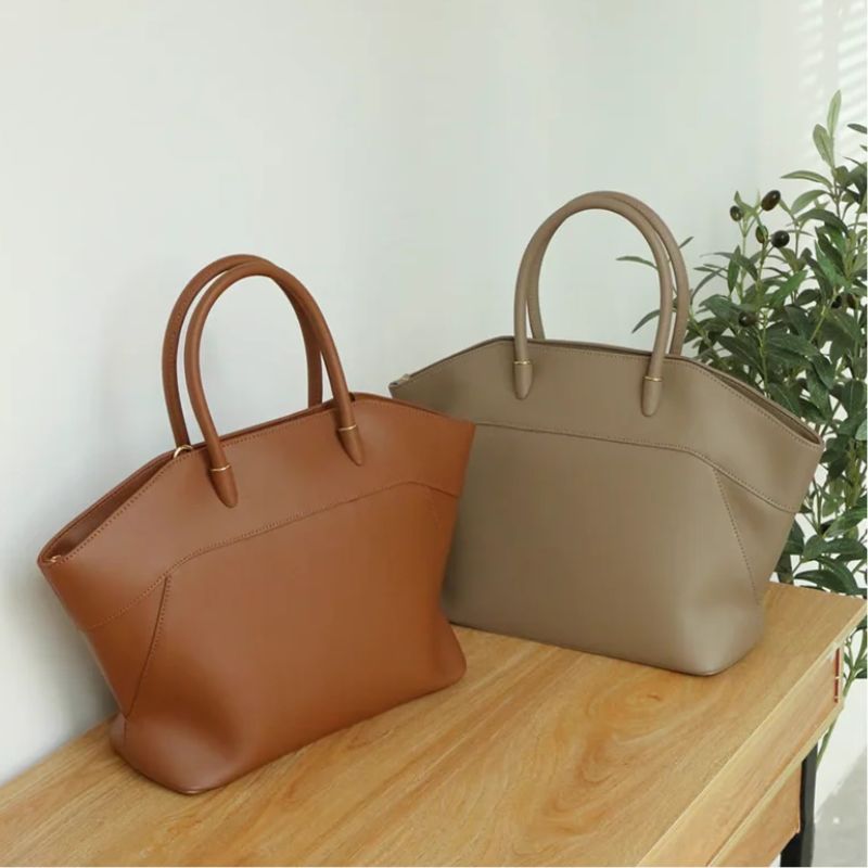large leather work tote bag brown and beige color options display