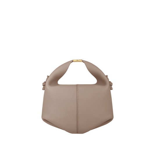 leather dumpling bag front view with structured curved shape and top handle