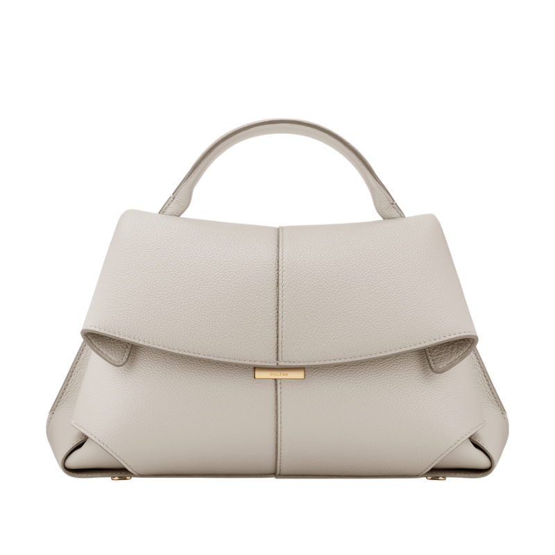 light grey fold over leather bag with smooth structured design
