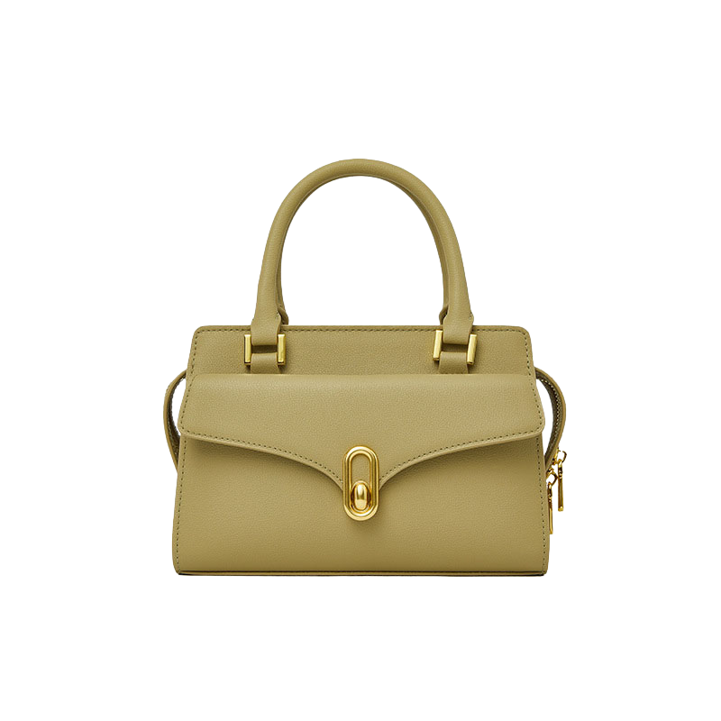 lock buckle leather crossbody bag in apricot color with top handle and structured design