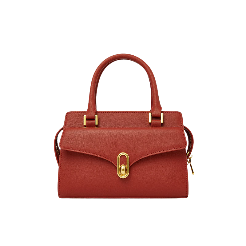 lock buckle leather crossbody bag in red genuine leather with vintage structured shape
