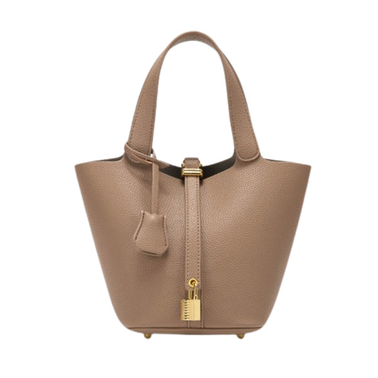 mini bucket bag with lock buckle closure in taupe color