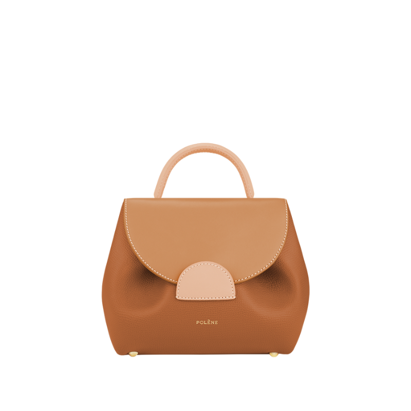 mini leather handbag structured brown curved top handle bag front view