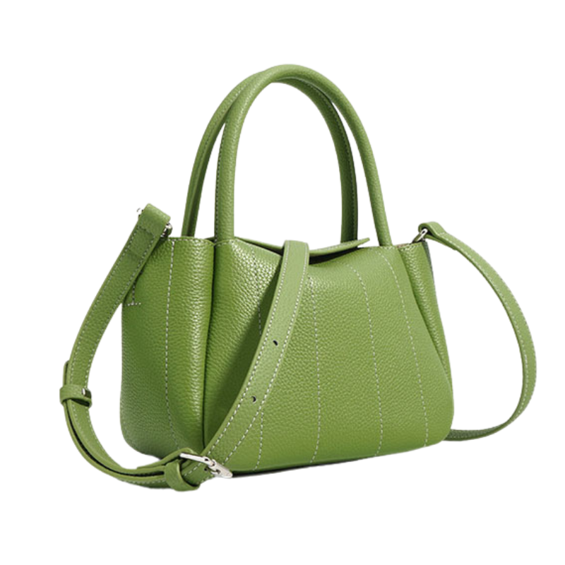 mini leather tote bag green side view with detachable strap and structured body