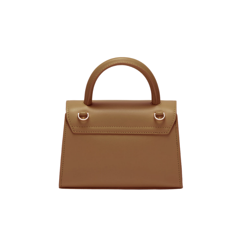 minimal leather baguette bag front design with gold hardware