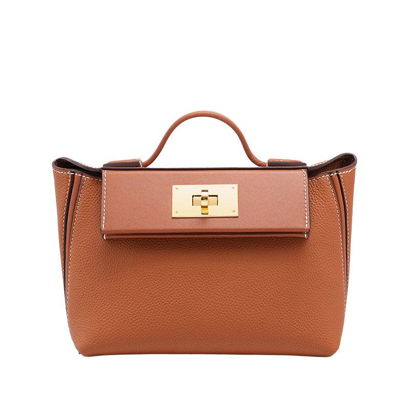 minimalist leather handbag with top handle and lock closure in brown color