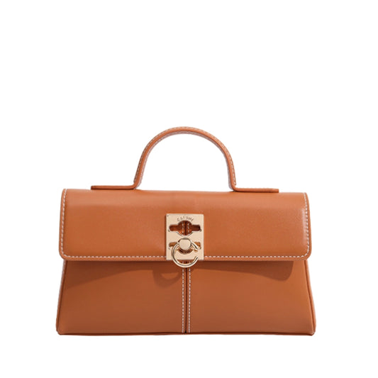 orange leather flap handbag with top handle and minimalist design