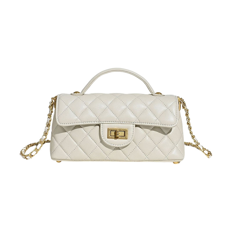 quilted lambskin crossbody bag in white leather with gold hardware and top handle