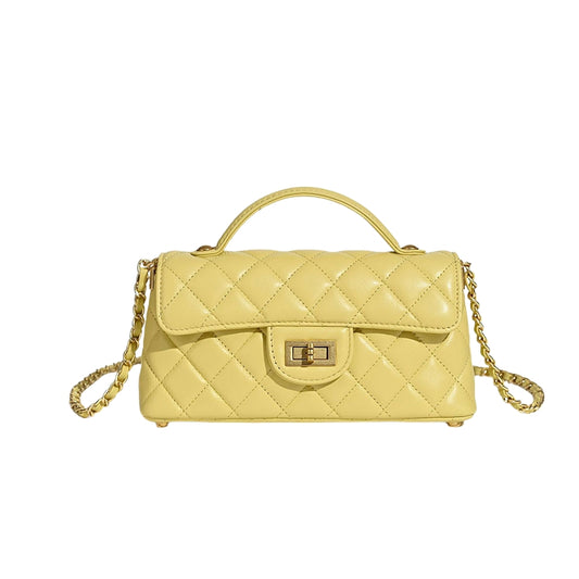 quilted lambskin crossbody bag in yellow with gold chain strap and top handle